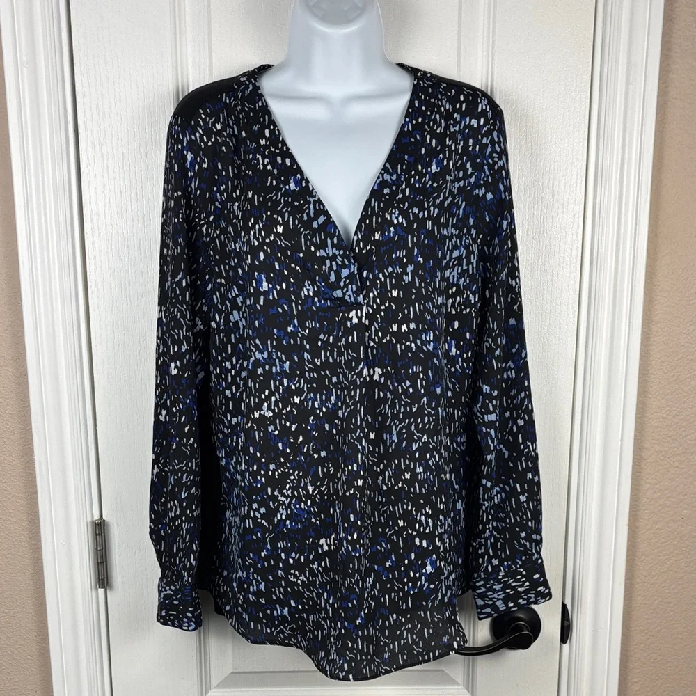 Fortune + Ivy Women's Long Sleeve V-Neck Black/Blue Speckled Blouse Size M NWOT